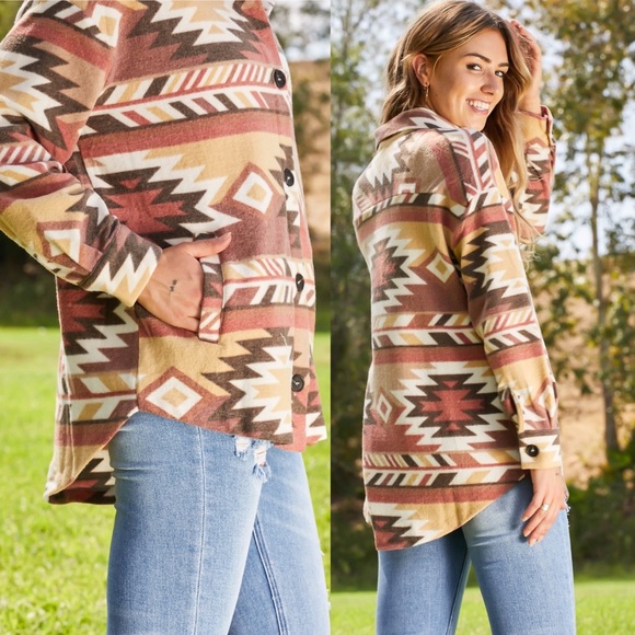 Tribal Print Multicolored Long Sleeve Button Up Shacket - Picture 2 of 2